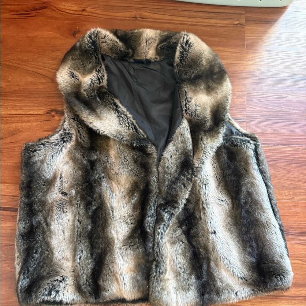 Brown and Black Faux Fur Vest with High Collar